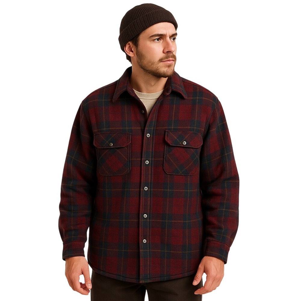 SHELTER BAY Quilted Flannel Shirt Jacket Red Plaid Wool Blend Mens L Outdoor